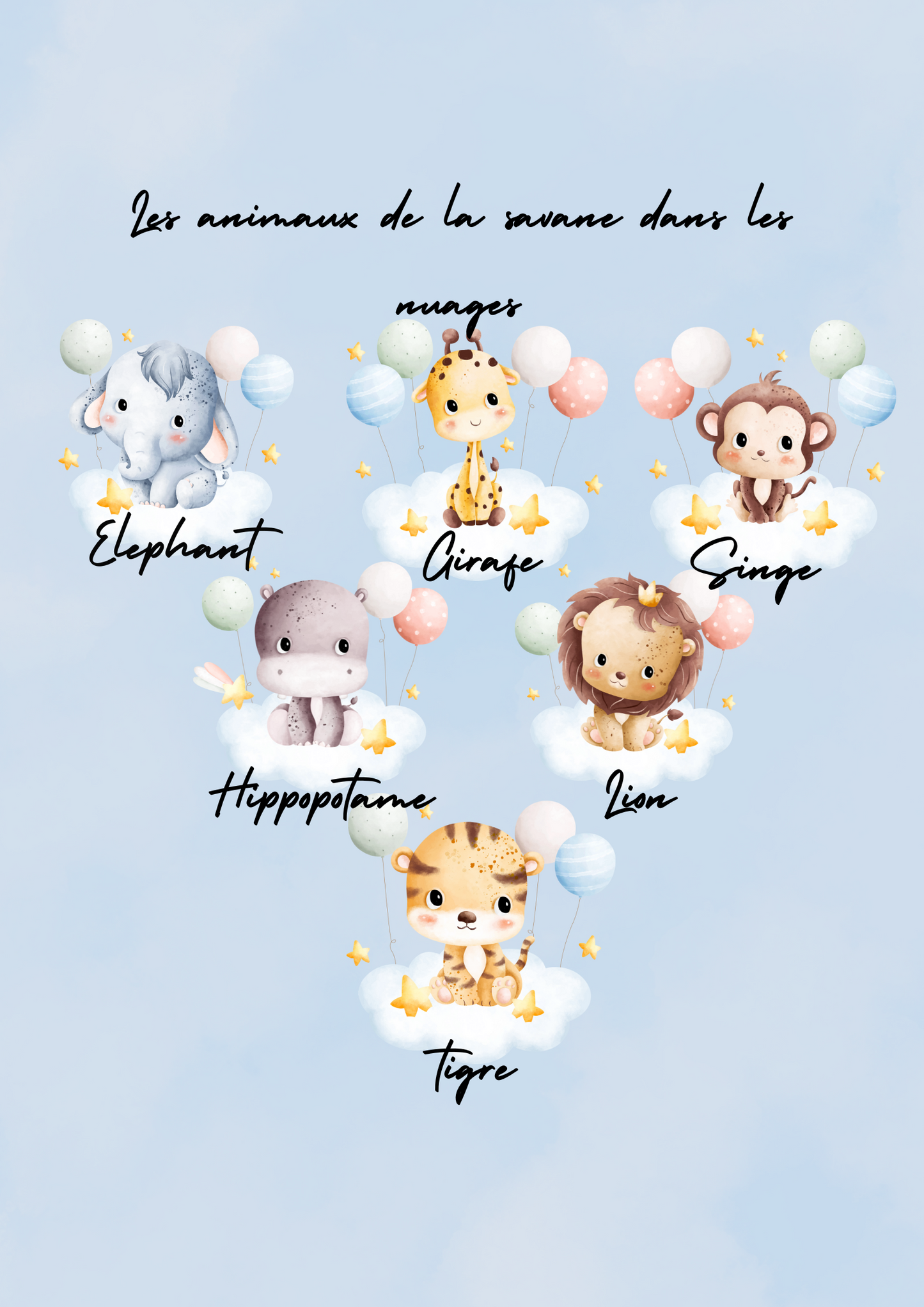Affiche naissance "les animaux de la savane" dans les nuages